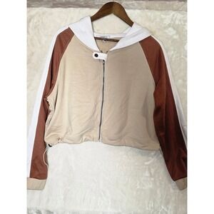 Cherfly Womens Cropped Colorblock Zip Up Hoodie Tan Brown White Size M